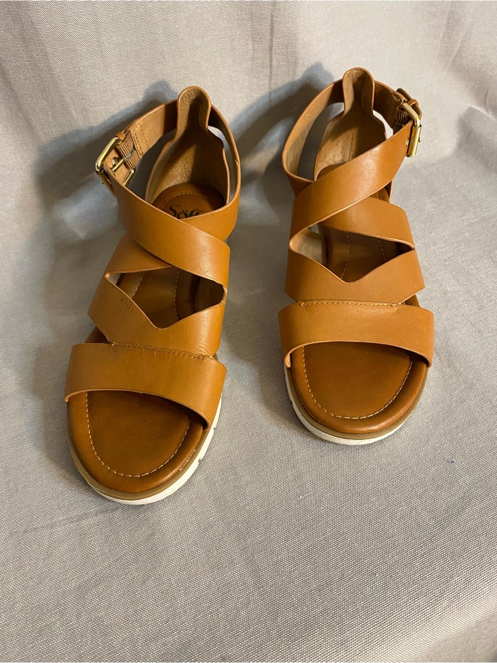Sofft Cognac Brown Crisscross Leather Sandals with Buckle